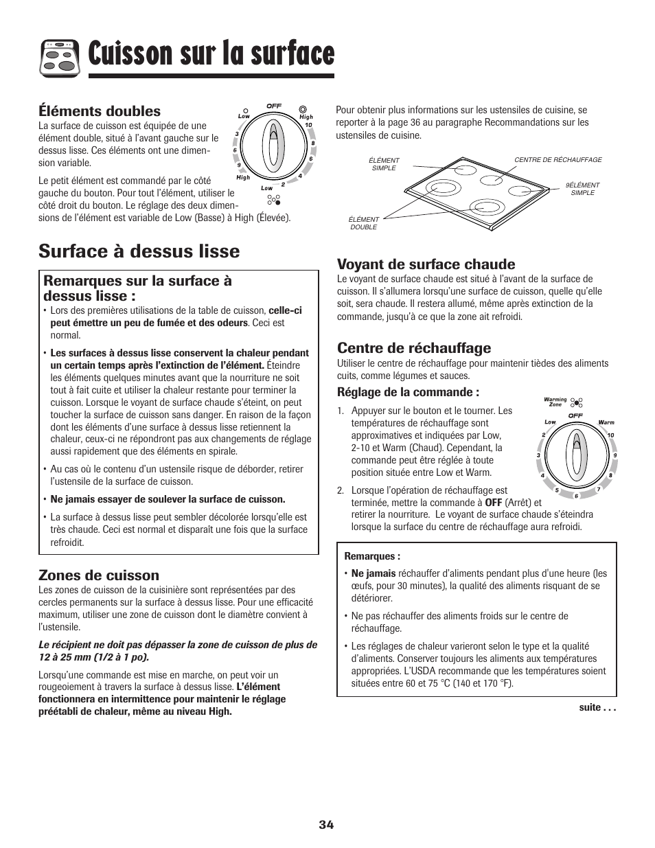 Cuisson sur la surface, Surface à dessus lisse, Remarques sur la surface à dessus lisse | Zones de cuisson, Voyant de surface chaude, Centre de réchauffage, Éléments doubles | Amana EASY TOUCH CONTROL 800 User Manual | Page 35 / 84