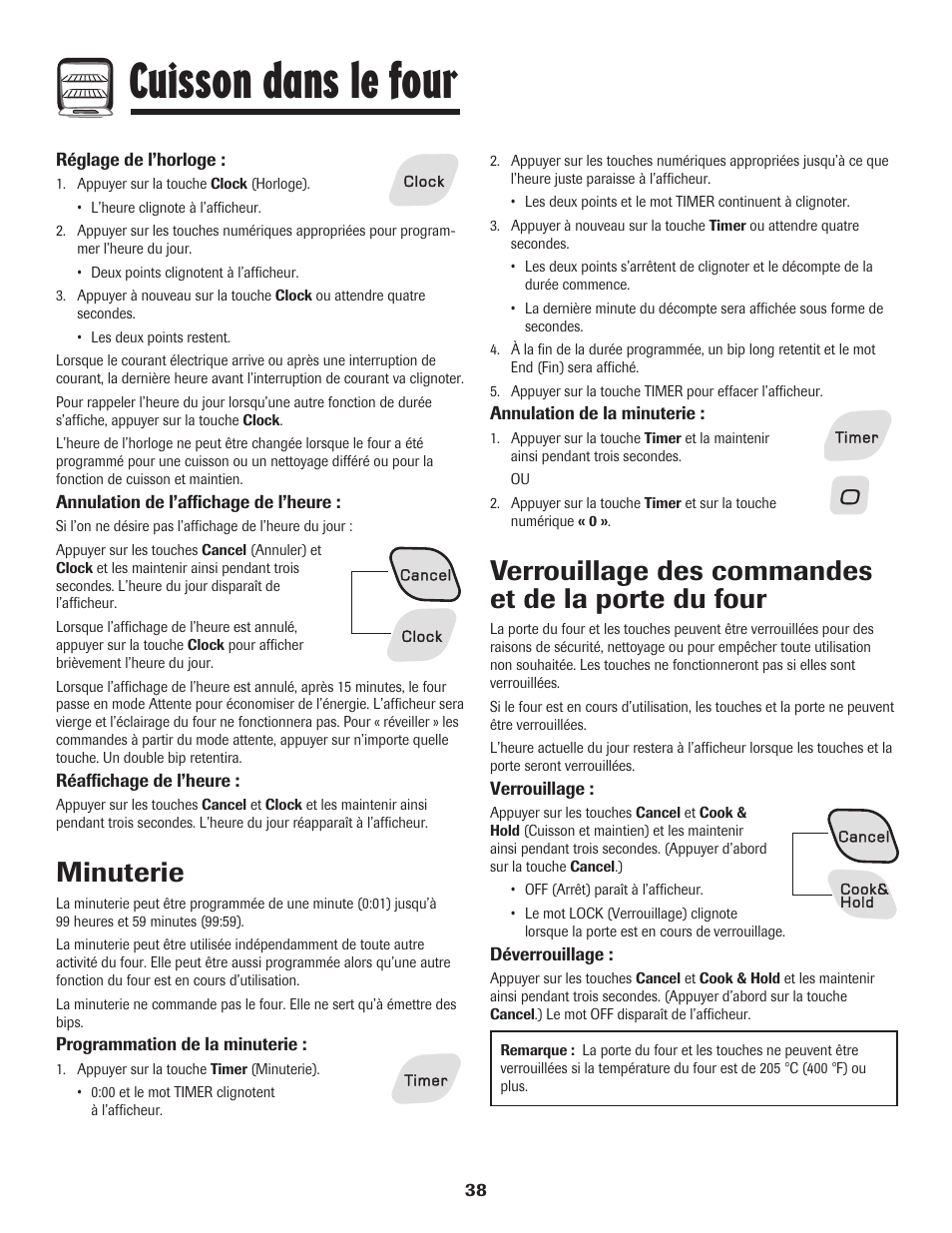 Cuisson dans le four, Minuterie, Verrouillage des commandes et de la porte du four | Amana EASY TOUCH CONTROL 800 User Manual | Page 39 / 84