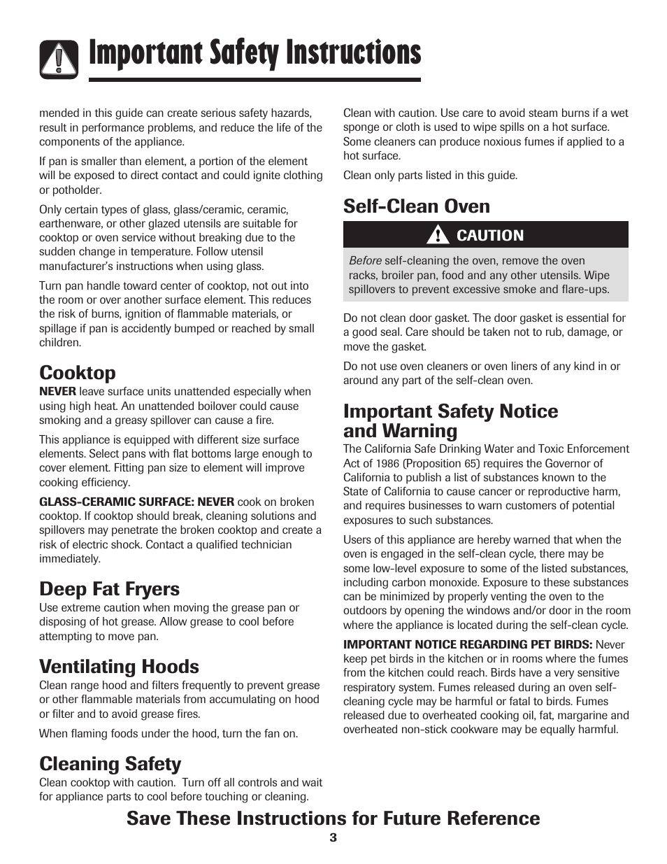 Important safety instructions, Self-clean oven, Important safety notice and warning | Cooktop, Deep fat fryers, Ventilating hoods, Cleaning safety, Save these instructions for future reference | Amana EASY TOUCH CONTROL 800 User Manual | Page 4 / 84