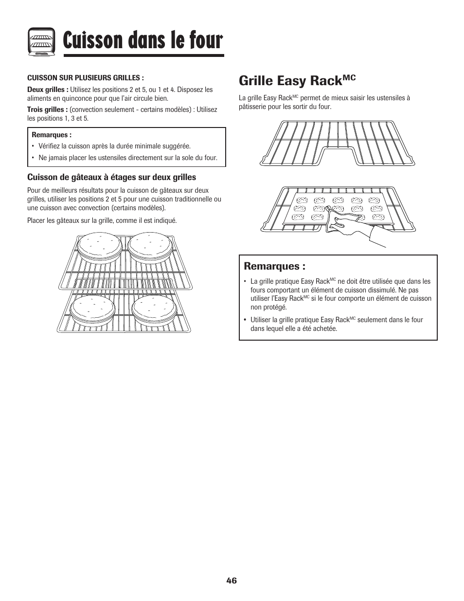 Cuisson dans le four, Grille easy rack, Remarques | Amana EASY TOUCH CONTROL 800 User Manual | Page 47 / 84