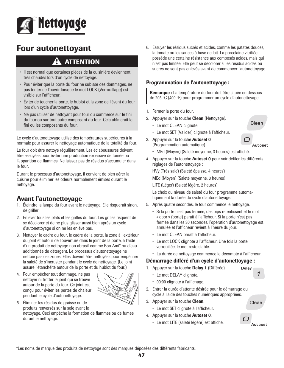 Nettoyage, Four autonettoyant, Attention | Avant l’autonettoyage | Amana EASY TOUCH CONTROL 800 User Manual | Page 48 / 84