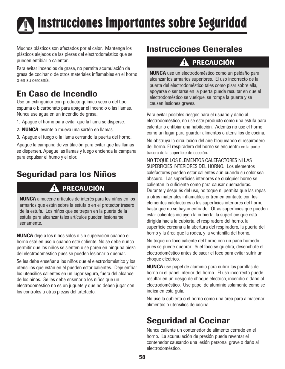 Instrucciones importantes sobre seguridad, En caso de incendio, Seguridad para los niños instrucciones generales | Seguridad al cocinar | Amana EASY TOUCH CONTROL 800 User Manual | Page 59 / 84