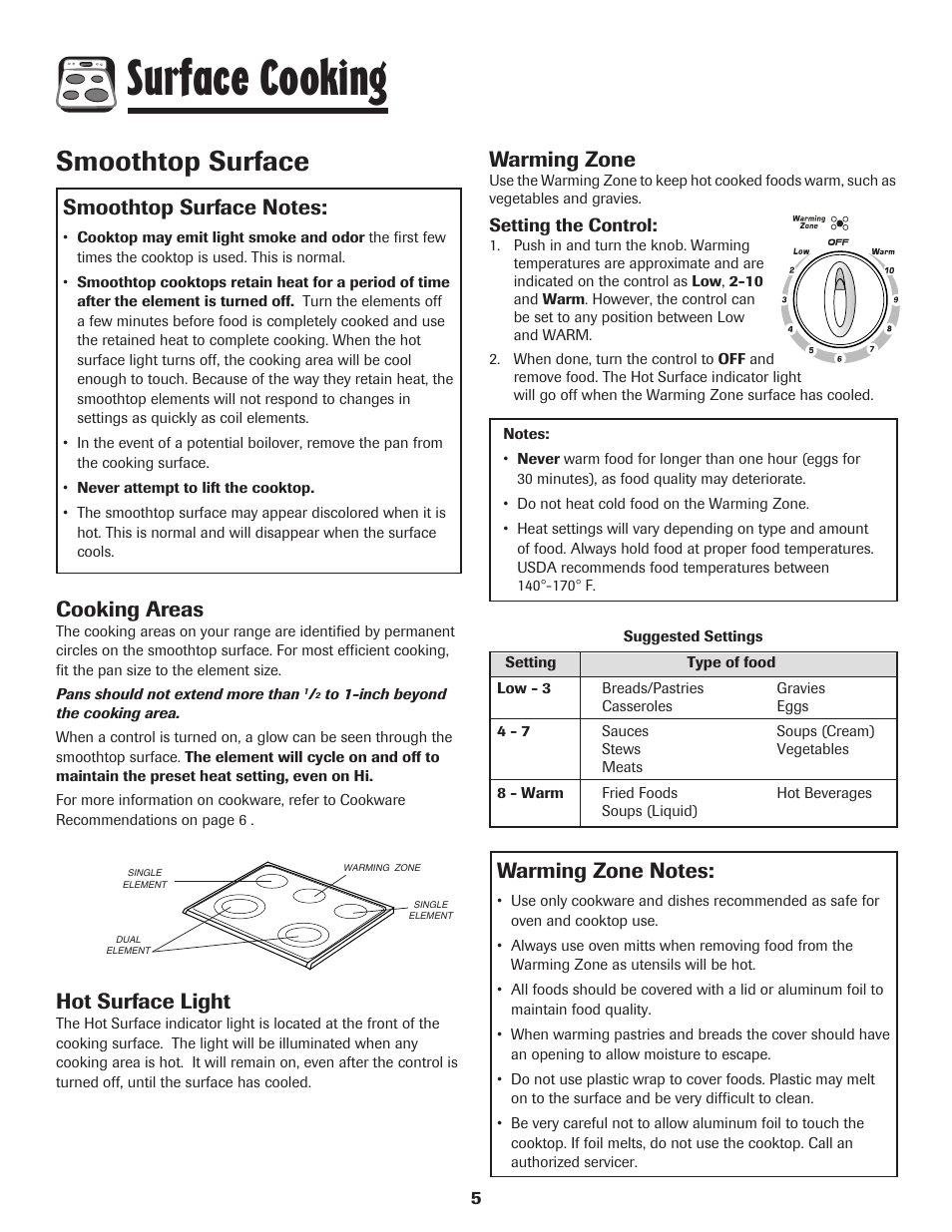 Surface cooking, Smoothtop surface, Cooking areas | Hot surface light, Warming zone | Amana EASY TOUCH CONTROL 800 User Manual | Page 6 / 84