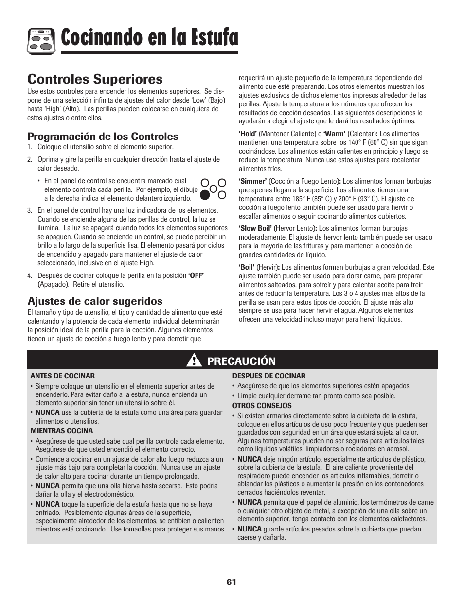 Cocinando en la estufa, Controles superiores, Programación de los controles | Precaución ajustes de calor sugeridos | Amana EASY TOUCH CONTROL 800 User Manual | Page 62 / 84