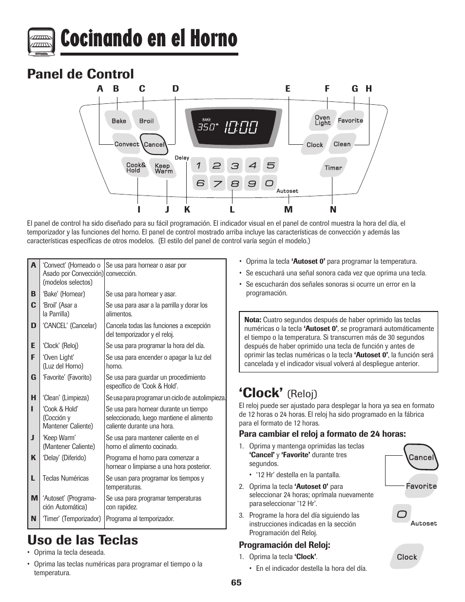 Cocinando en el horno, Panel de control, Uso de las teclas | Clock, Reloj) | Amana EASY TOUCH CONTROL 800 User Manual | Page 66 / 84