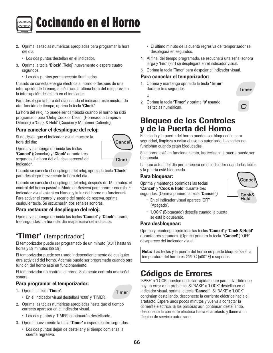 Cocinando en el horno, Códigos de errores, Timer | Bloqueo de los controles y de la puerta del horno, Temporizador) | Amana EASY TOUCH CONTROL 800 User Manual | Page 67 / 84