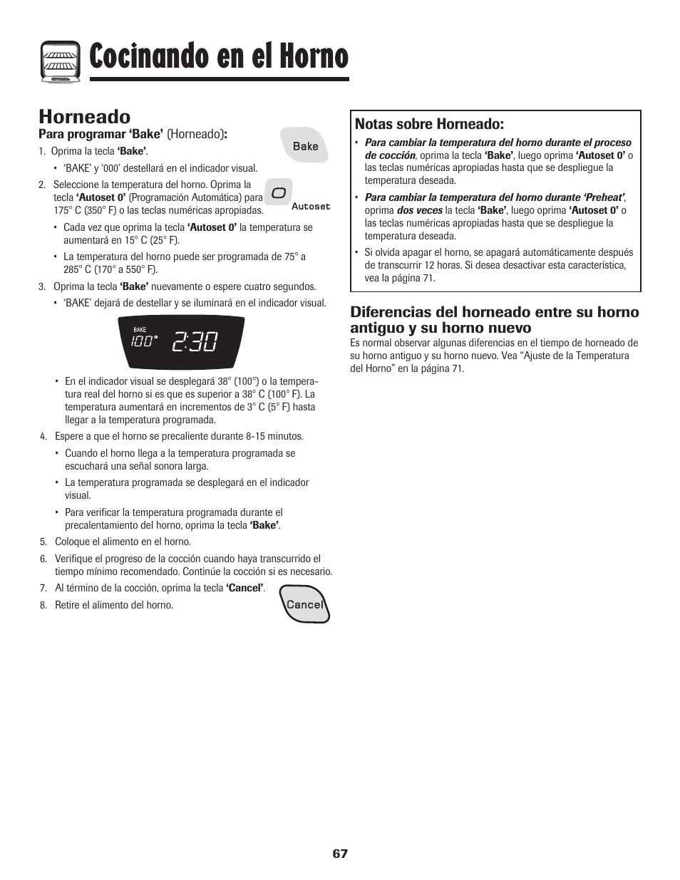 Cocinando en el horno, Horneado, Notas sobre horneado | Amana EASY TOUCH CONTROL 800 User Manual | Page 68 / 84