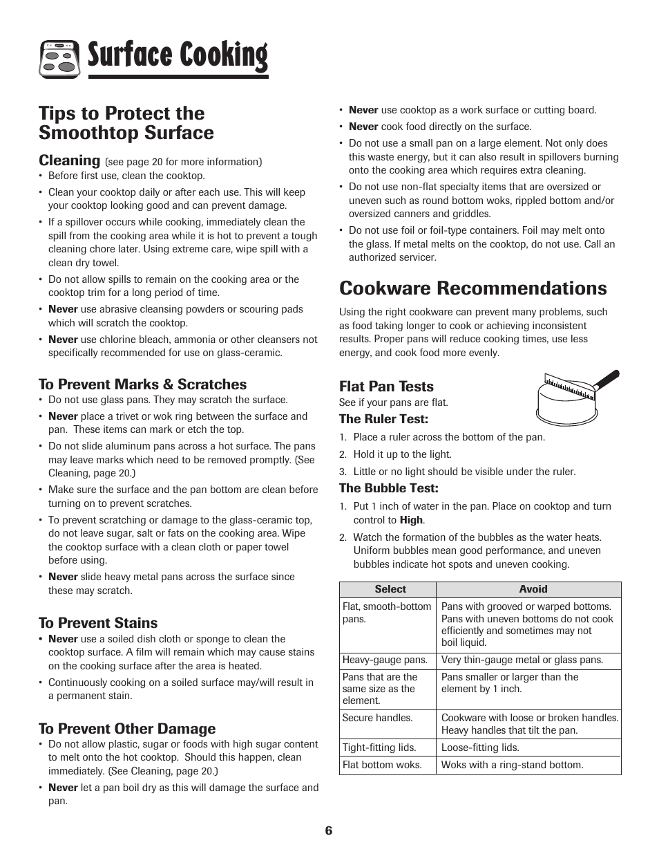 Surface cooking, Tips to protect the smoothtop surface, Cookware recommendations | Cleaning, Flat pan tests | Amana EASY TOUCH CONTROL 800 User Manual | Page 7 / 84