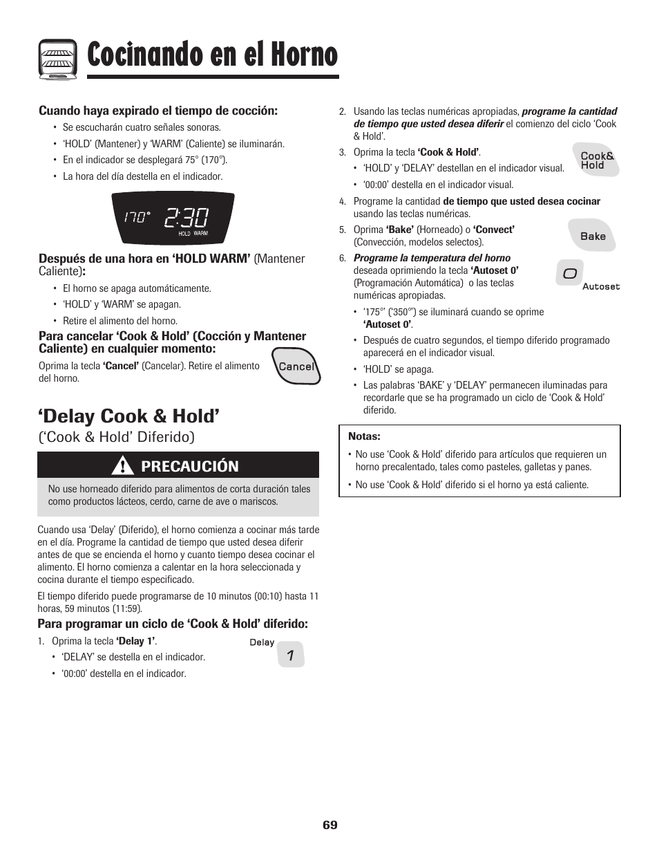 Cocinando en el horno, Delay cook & hold, Cook & hold’ diferido) | Precaución | Amana EASY TOUCH CONTROL 800 User Manual | Page 70 / 84