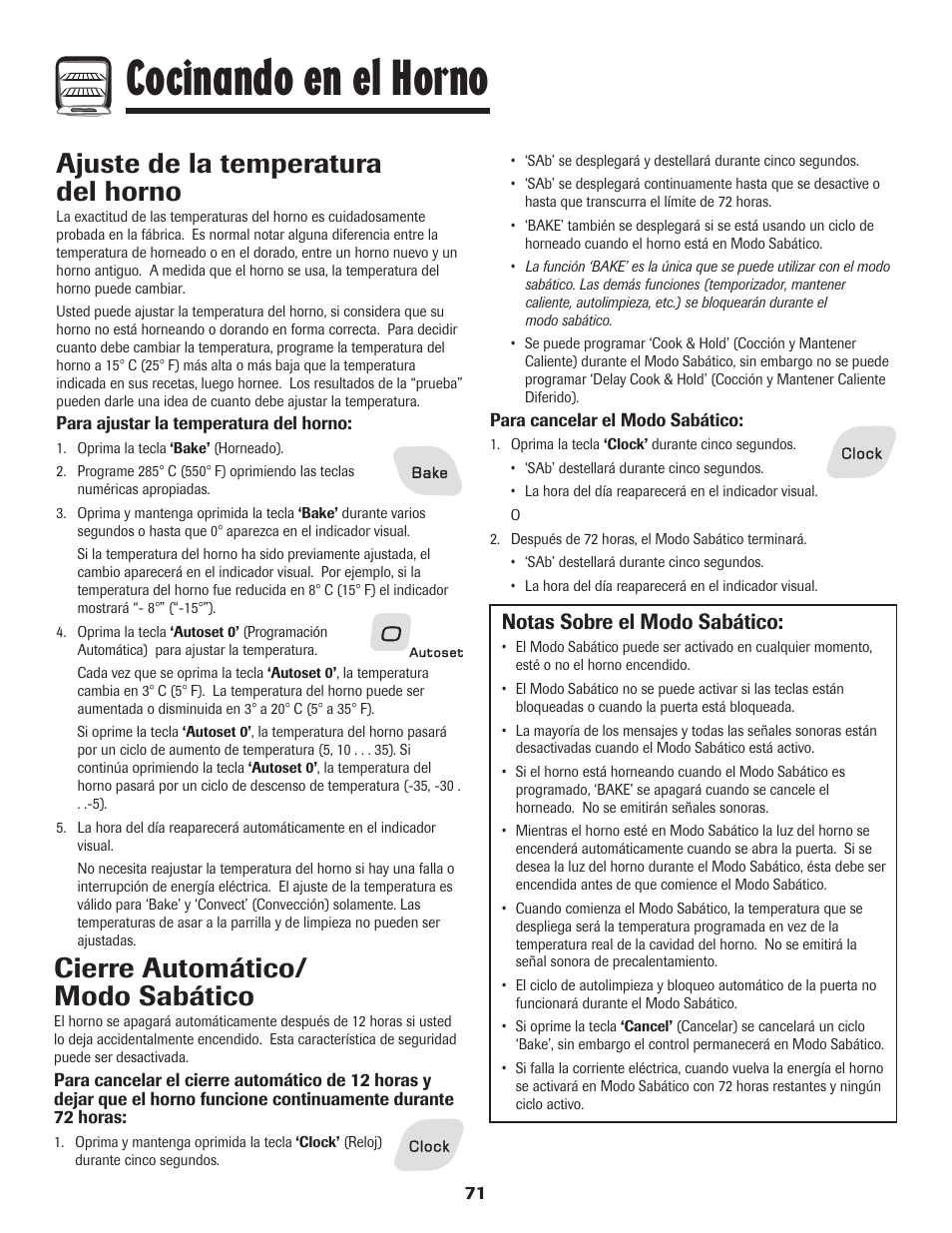 Cocinando en el horno, Cierre automático/ modo sabático, Ajuste de la temperatura del horno | Notas sobre el modo sabático | Amana EASY TOUCH CONTROL 800 User Manual | Page 72 / 84