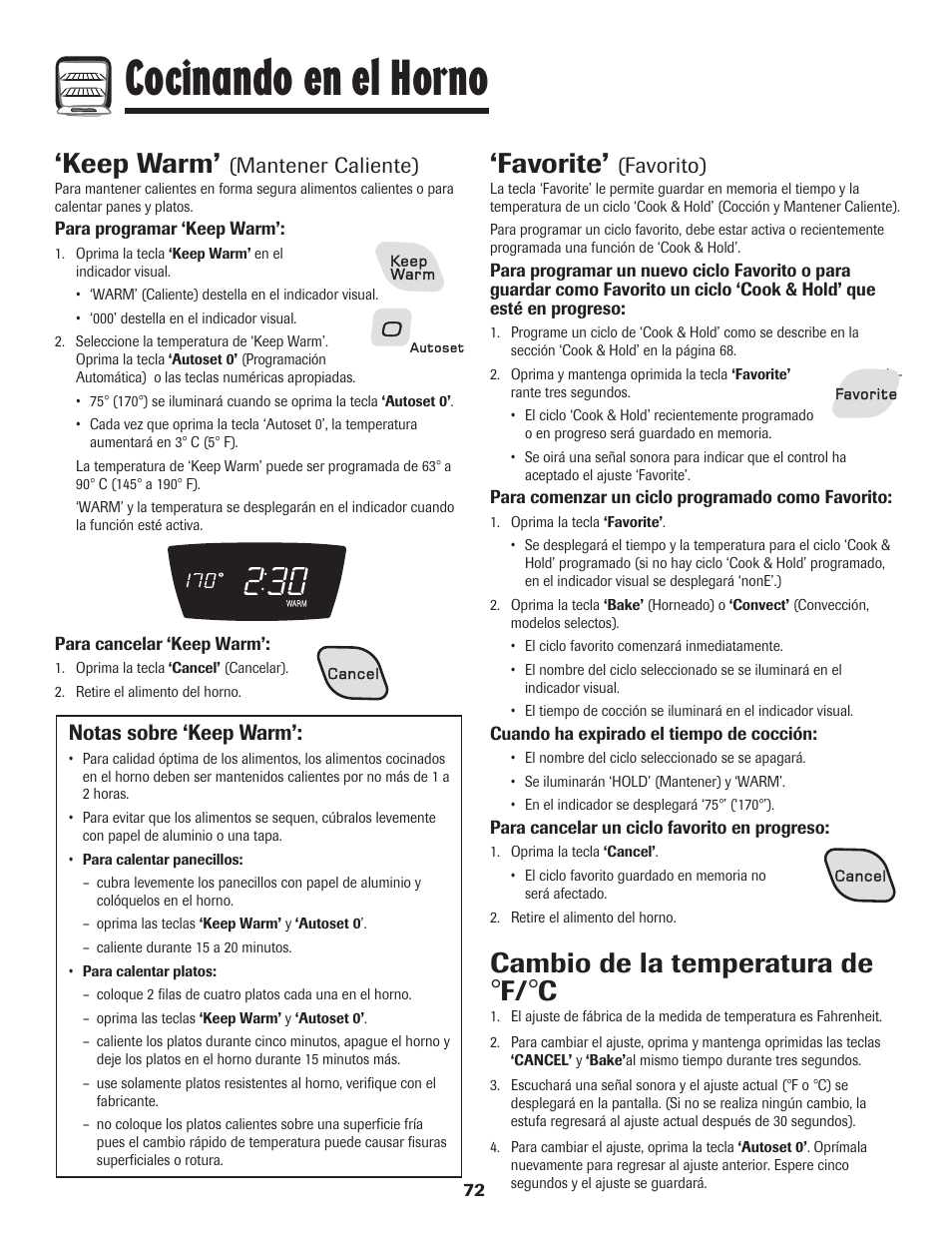 Cocinando en el horno, Favorite, Keep warm | Cambio de la temperatura de, Favorito), Mantener caliente), Notas sobre ‘keep warm | Amana EASY TOUCH CONTROL 800 User Manual | Page 73 / 84