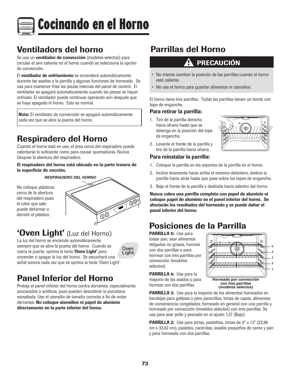 Cocinando en el horno, Oven light, Panel inferior del horno | Parrillas del horno, Ventiladors del horno, Respiradero del horno, Posiciones de la parrilla, Luz del horno), Precaución | Amana EASY TOUCH CONTROL 800 User Manual | Page 74 / 84