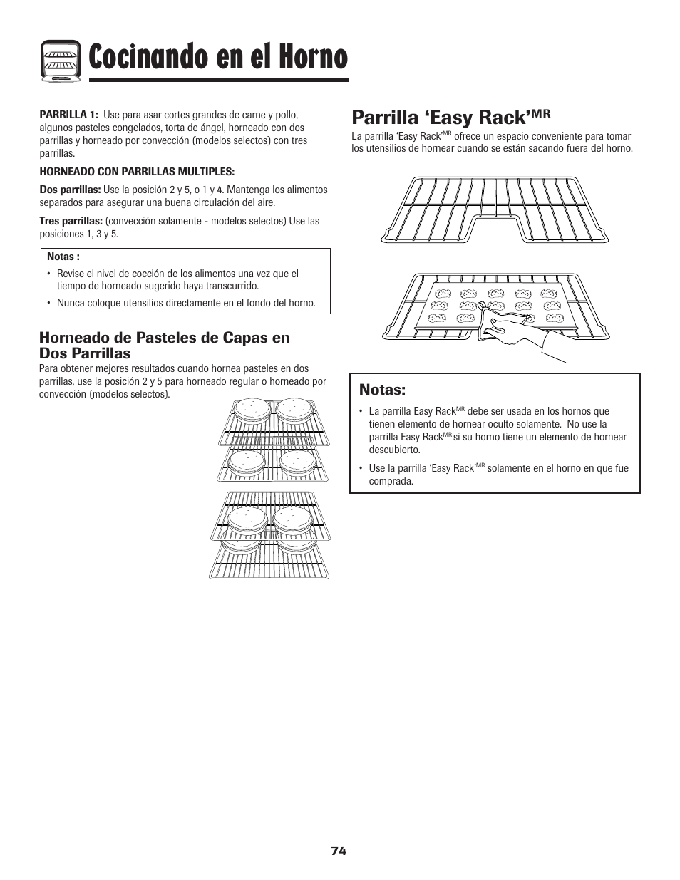 Cocinando en el horno, Parrilla ‘easy rack, Notas | Horneado de pasteles de capas en dos parrillas | Amana EASY TOUCH CONTROL 800 User Manual | Page 75 / 84