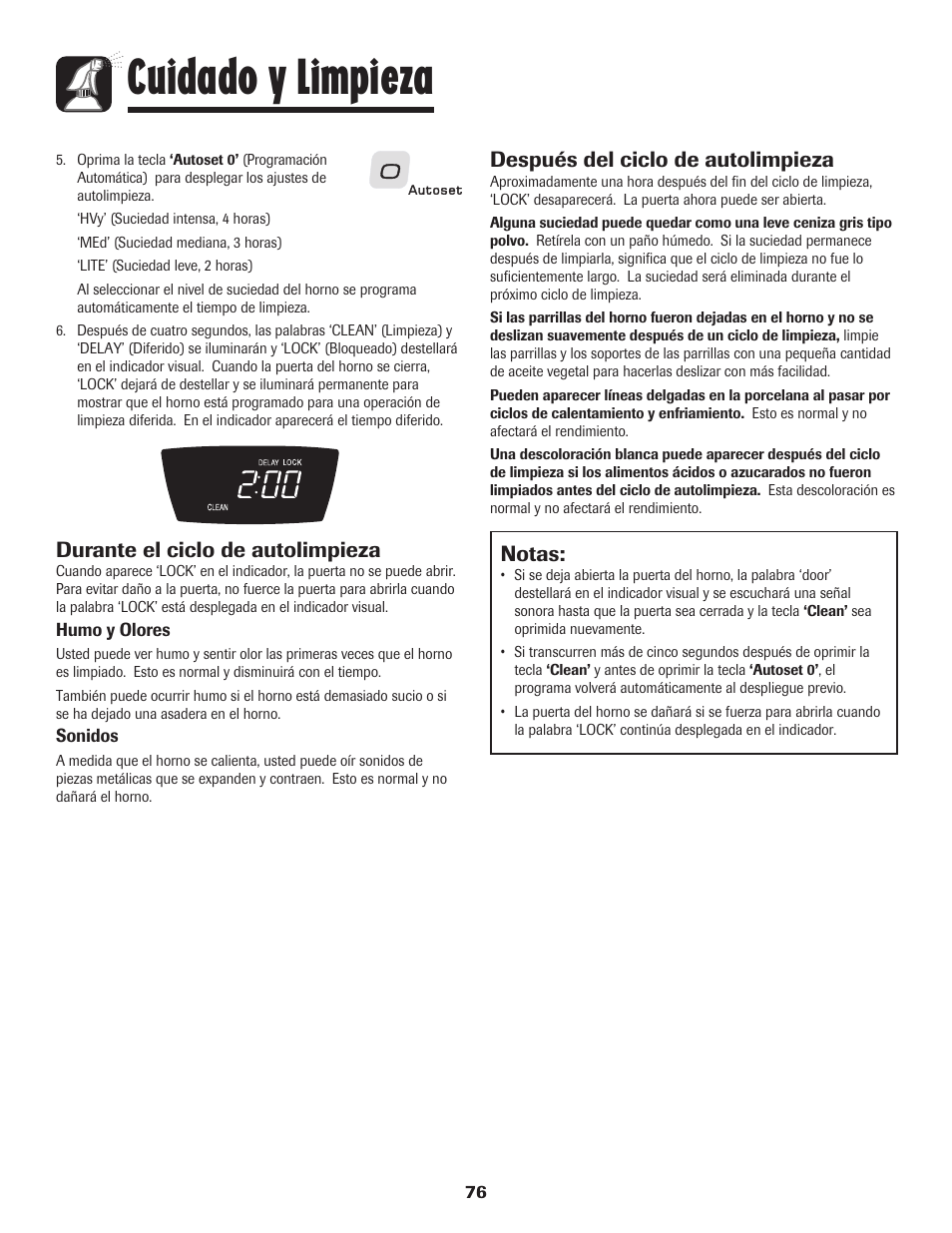 Cuidado y limpieza, Notas, Después del ciclo de autolimpieza | Durante el ciclo de autolimpieza | Amana EASY TOUCH CONTROL 800 User Manual | Page 77 / 84