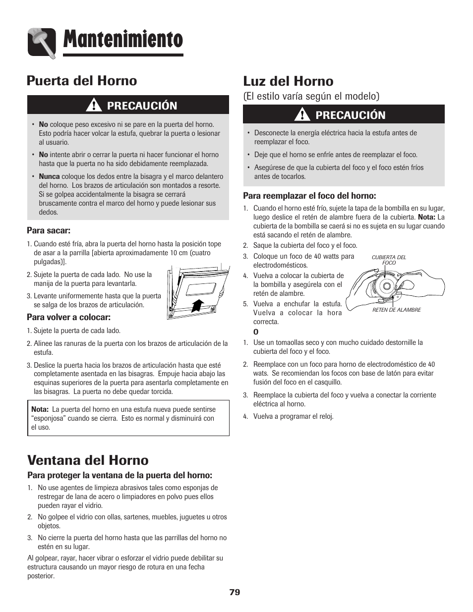 Mantenimiento, Ventana del horno, Puerta del horno | Luz del horno, Precaución, El estilo varía según el modelo) | Amana EASY TOUCH CONTROL 800 User Manual | Page 80 / 84