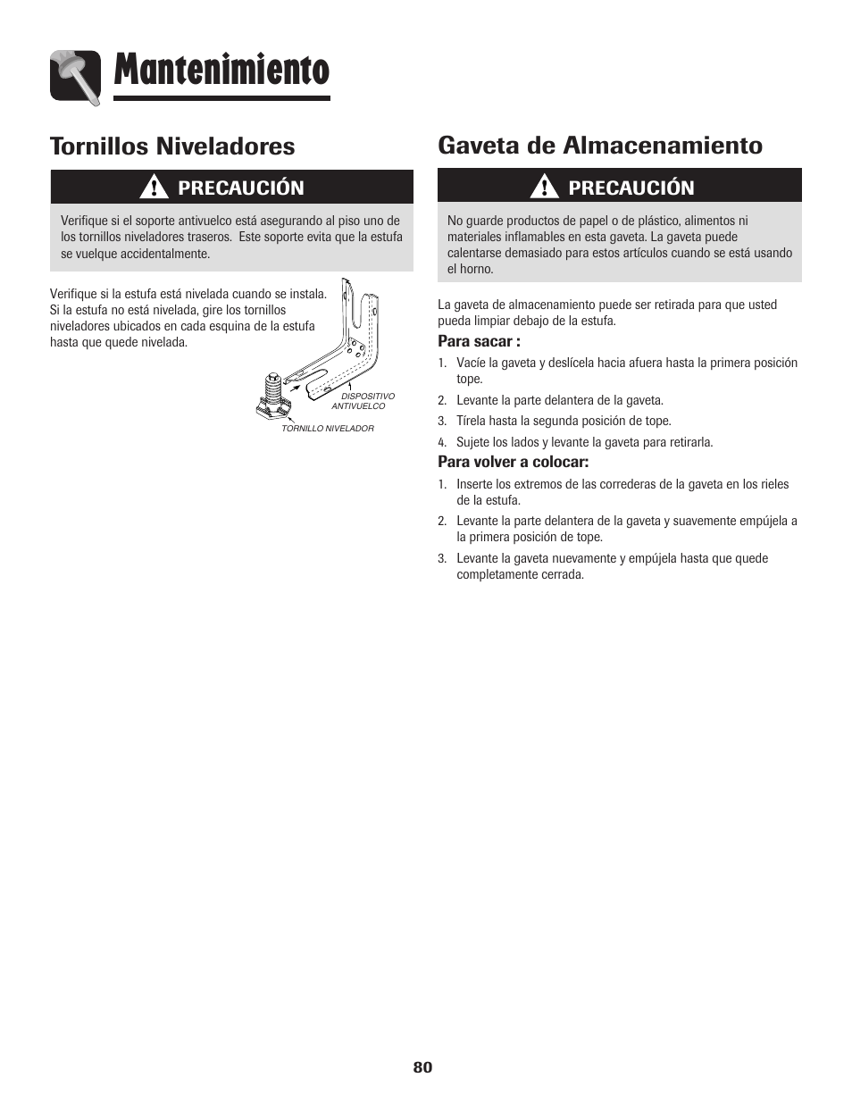 Mantenimiento, Tornillos niveladores, Gaveta de almacenamiento | Precaución | Amana EASY TOUCH CONTROL 800 User Manual | Page 81 / 84
