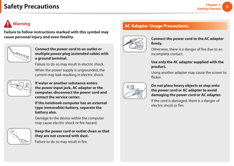 Safety precautions, Ac adapter usage precautions, Warning | Samsung NP600B4C-A01US User Manual | Page 10 / 143