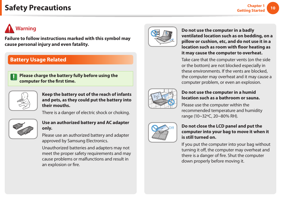 Safety precautions, Battery usage related, Warning | Samsung NP600B4C-A01US User Manual | Page 11 / 143