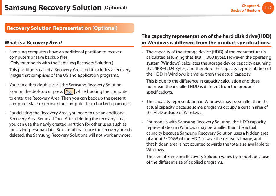 Samsung recovery solution, Recovery solution representation (optional) | Samsung NP600B4C-A01US User Manual | Page 113 / 143
