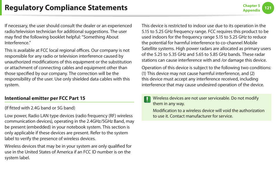 Regulatory compliance statements | Samsung NP600B4C-A01US User Manual | Page 122 / 143