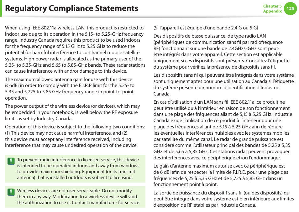 Regulatory compliance statements | Samsung NP600B4C-A01US User Manual | Page 126 / 143