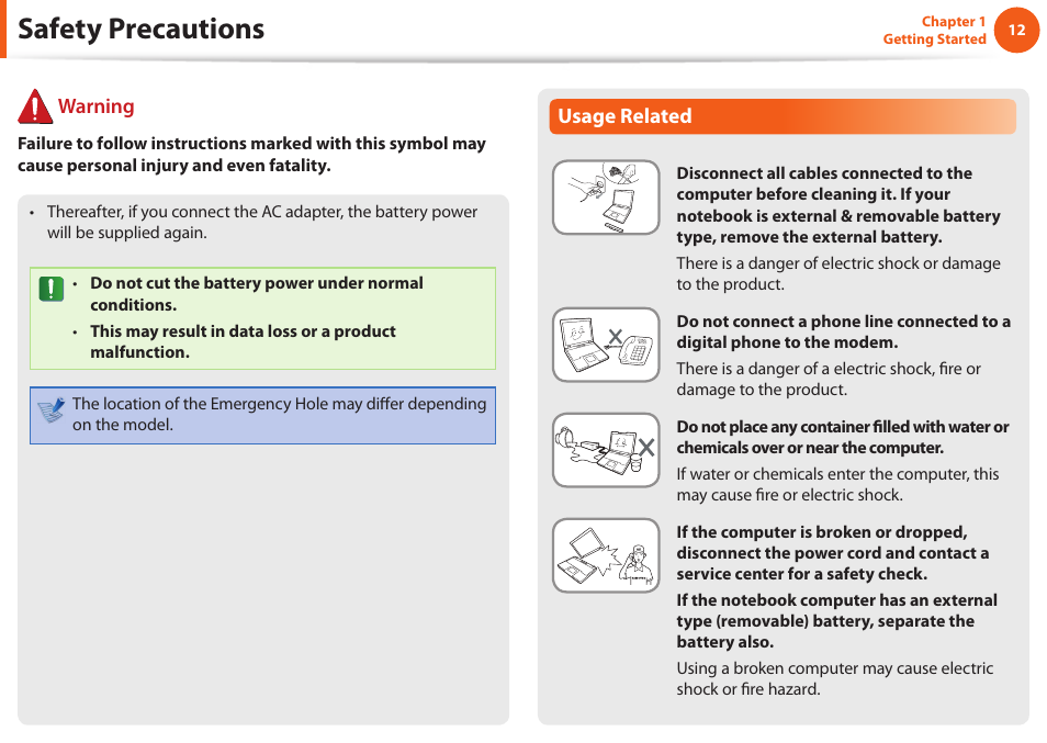 Safety precautions, Warning, Usage related | Samsung NP600B4C-A01US User Manual | Page 13 / 143