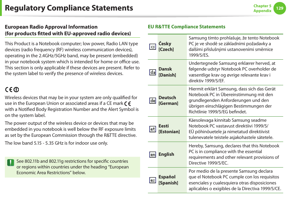 Regulatory compliance statements | Samsung NP600B4C-A01US User Manual | Page 130 / 143