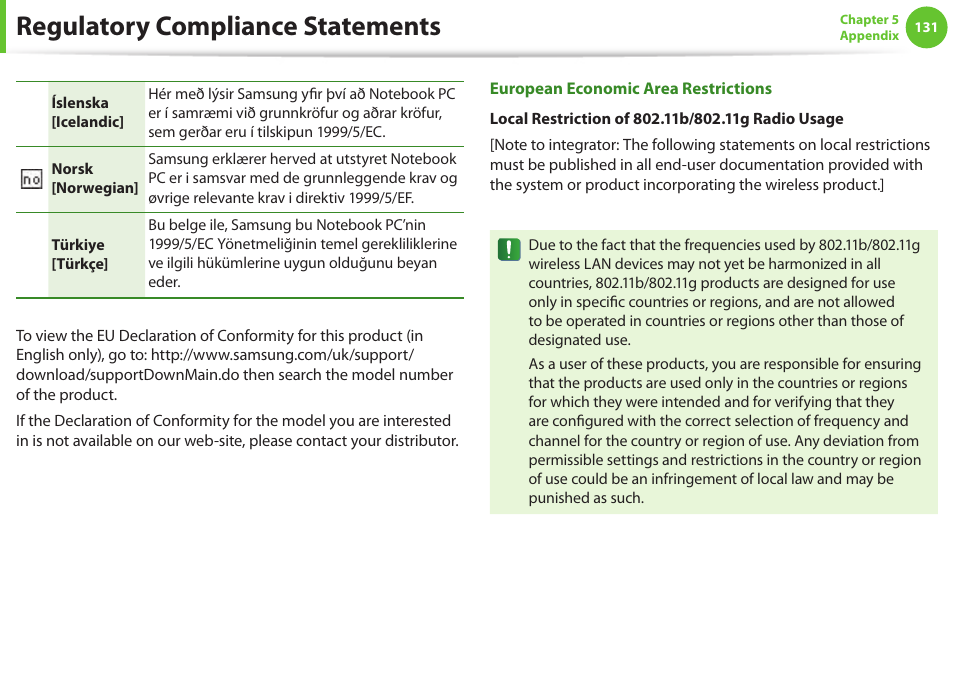 Regulatory compliance statements | Samsung NP600B4C-A01US User Manual | Page 132 / 143