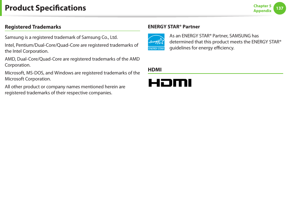 Product specifications | Samsung NP600B4C-A01US User Manual | Page 138 / 143
