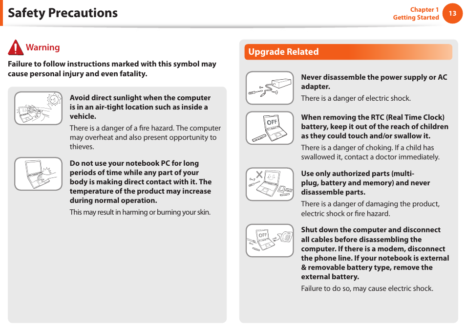 Safety precautions, Upgrade related, Warning | Samsung NP600B4C-A01US User Manual | Page 14 / 143