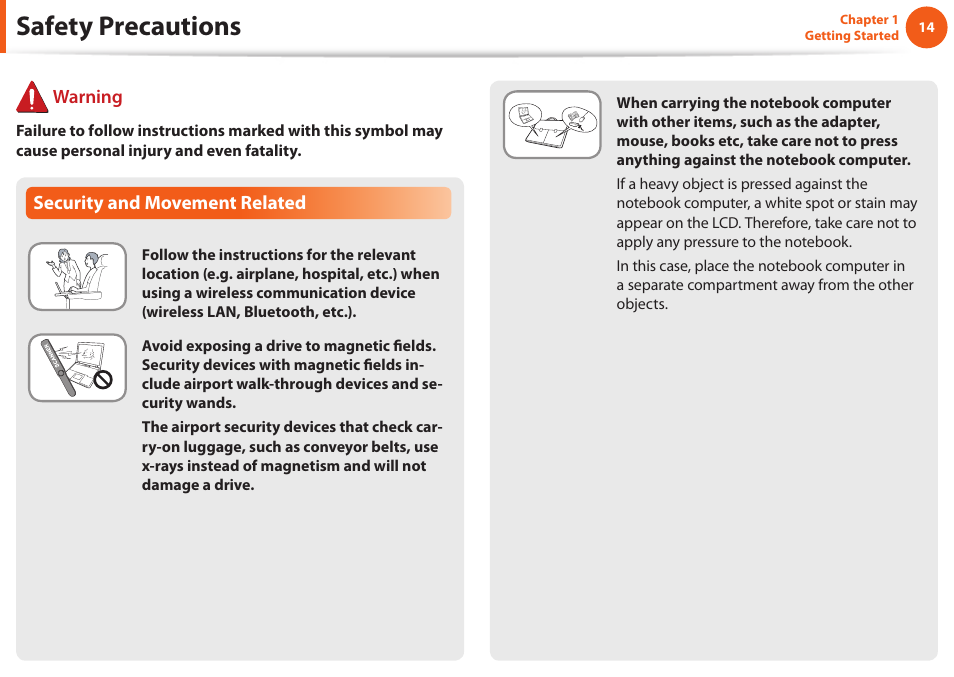 Safety precautions | Samsung NP600B4C-A01US User Manual | Page 15 / 143