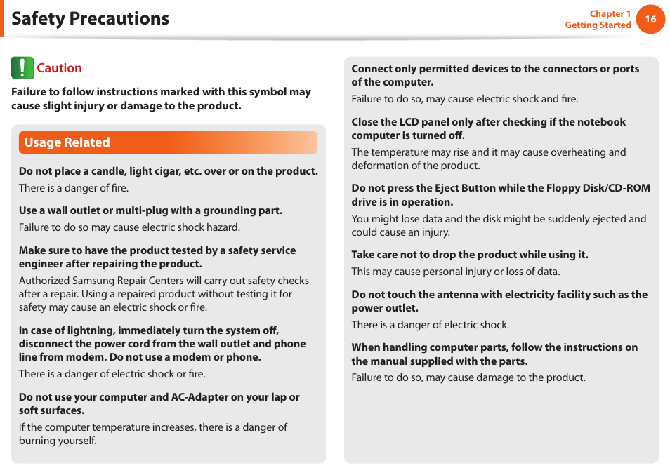 Safety precautions, Usage related, Caution | Samsung NP600B4C-A01US User Manual | Page 17 / 143
