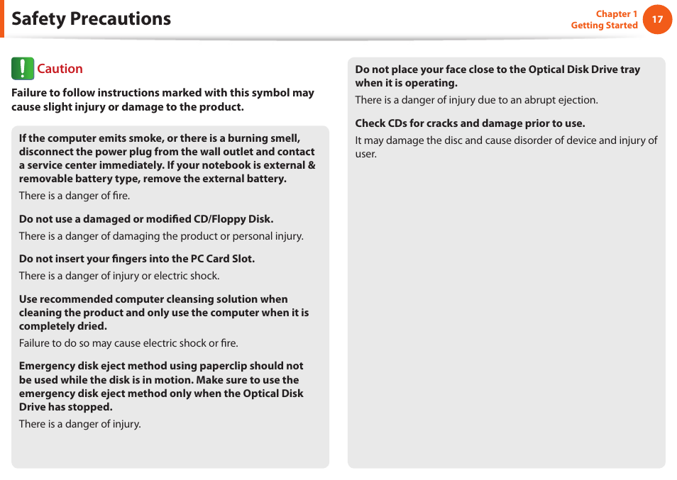 Safety precautions, Caution | Samsung NP600B4C-A01US User Manual | Page 18 / 143