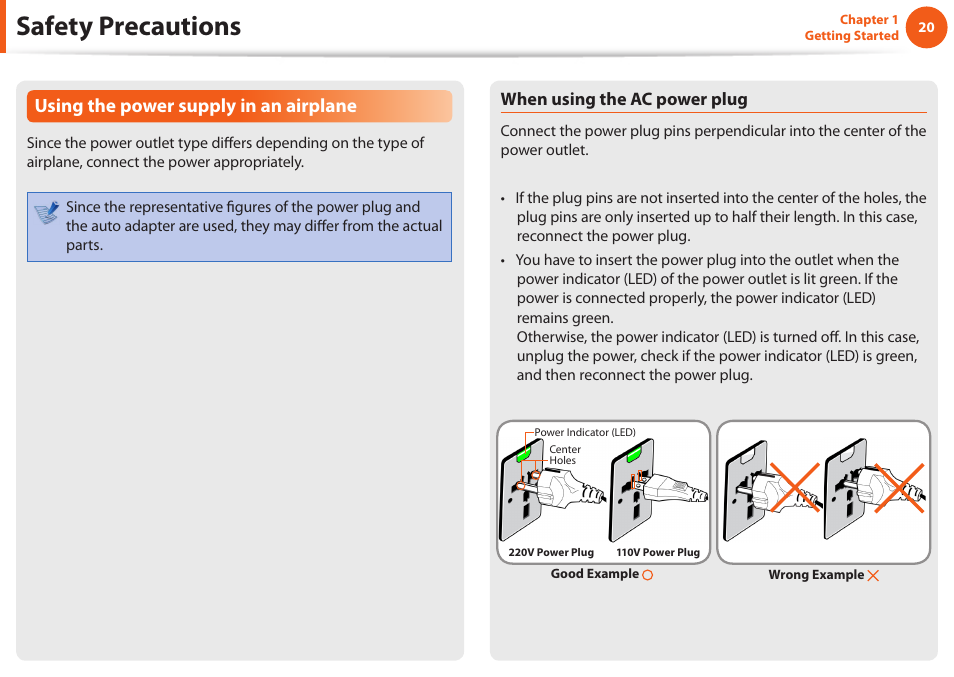 Safety precautions, Using the power supply in an airplane | Samsung NP600B4C-A01US User Manual | Page 21 / 143