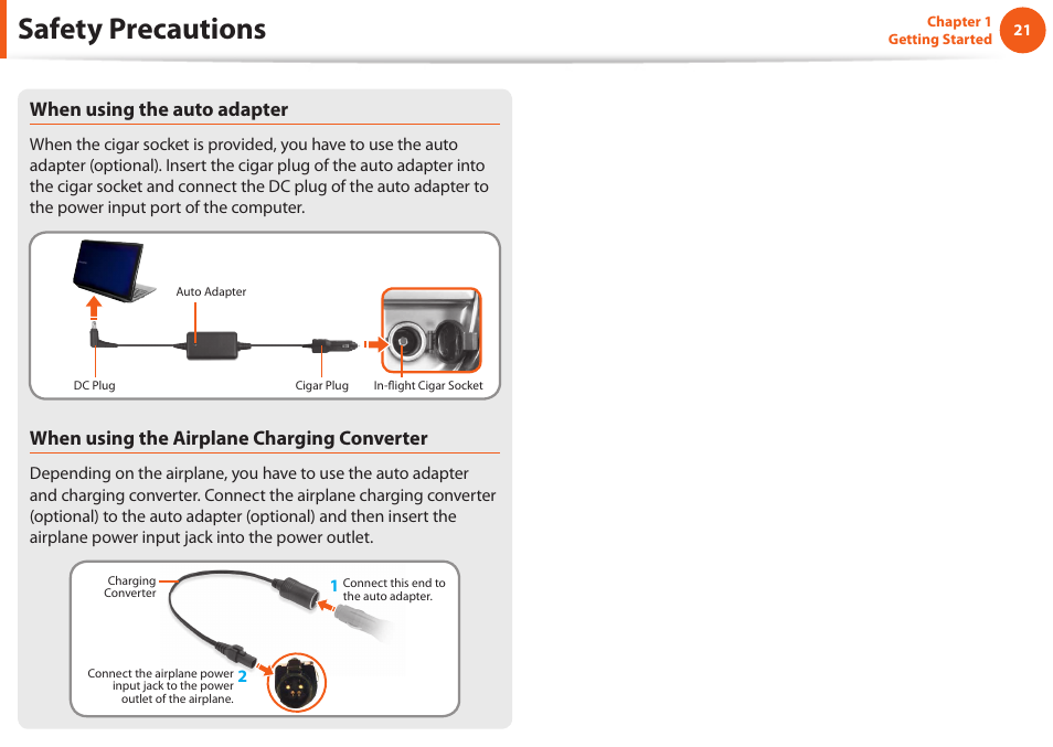 Safety precautions, When using the auto adapter, When using the airplane charging converter | Samsung NP600B4C-A01US User Manual | Page 22 / 143