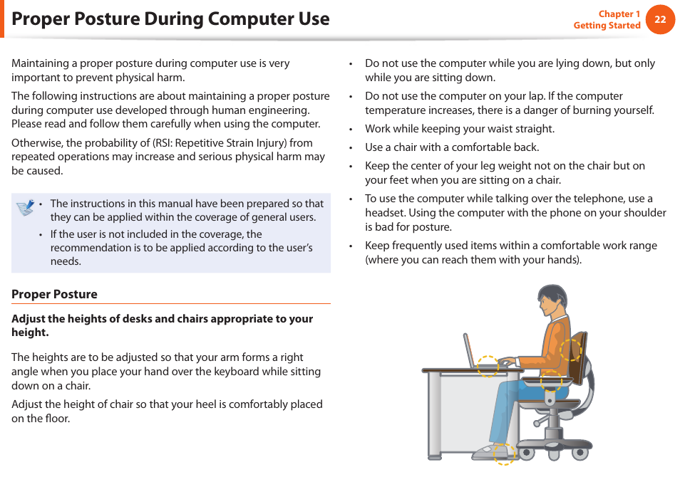 Proper posture during computer use | Samsung NP600B4C-A01US User Manual | Page 23 / 143