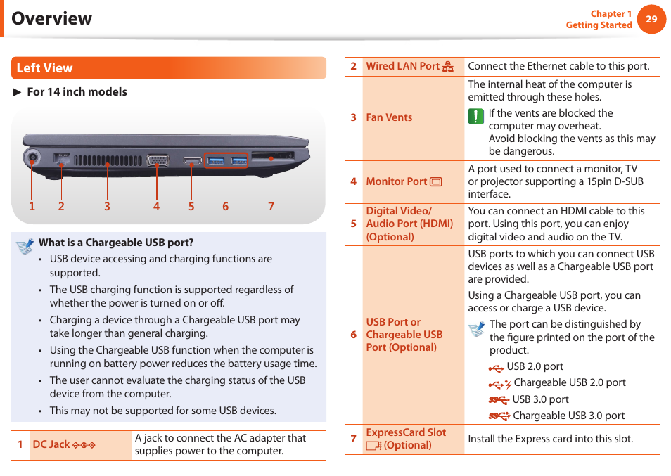Overview, Left view | Samsung NP600B4C-A01US User Manual | Page 30 / 143