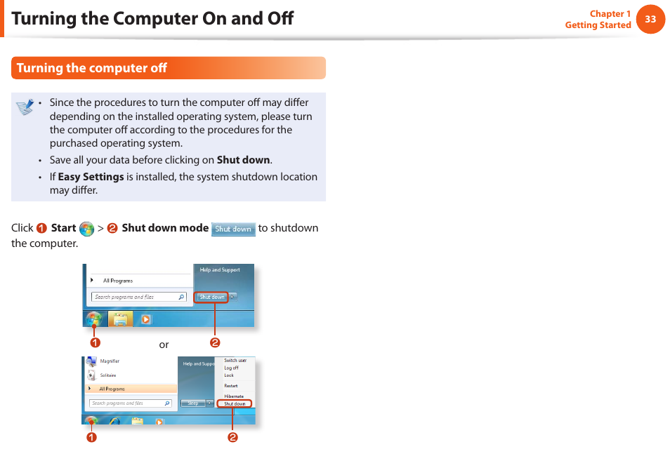 Turning the computer on and off | Samsung NP600B4C-A01US User Manual | Page 34 / 143