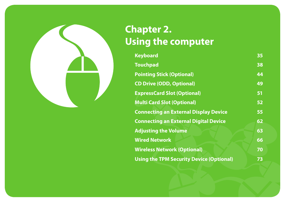 Chapter 2. using the computer, Using the computer | Samsung NP600B4C-A01US User Manual | Page 35 / 143