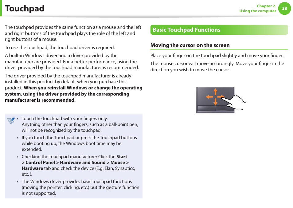 Touchpad | Samsung NP600B4C-A01US User Manual | Page 39 / 143