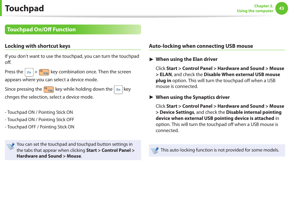 Touchpad | Samsung NP600B4C-A01US User Manual | Page 44 / 143