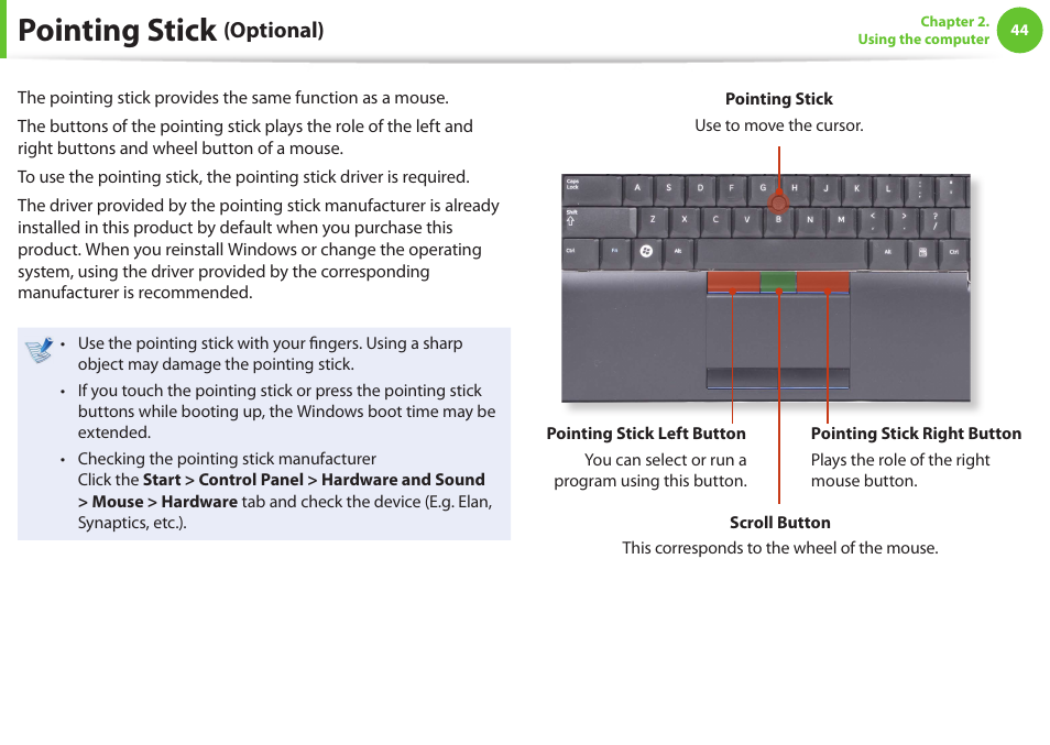 Pointing stick (optional), Pointing stick, Optional) | Samsung NP600B4C-A01US User Manual | Page 45 / 143