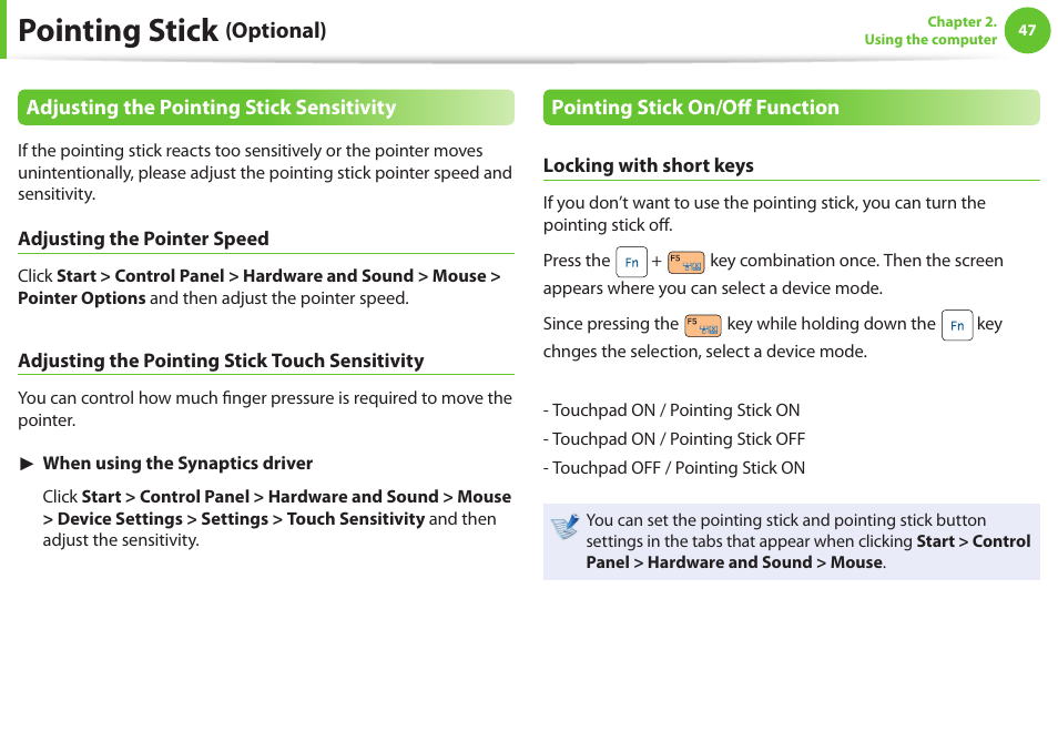 Pointing stick, Optional) | Samsung NP600B4C-A01US User Manual | Page 48 / 143