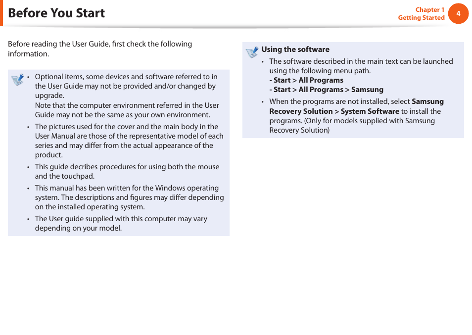 Before you start | Samsung NP600B4C-A01US User Manual | Page 5 / 143