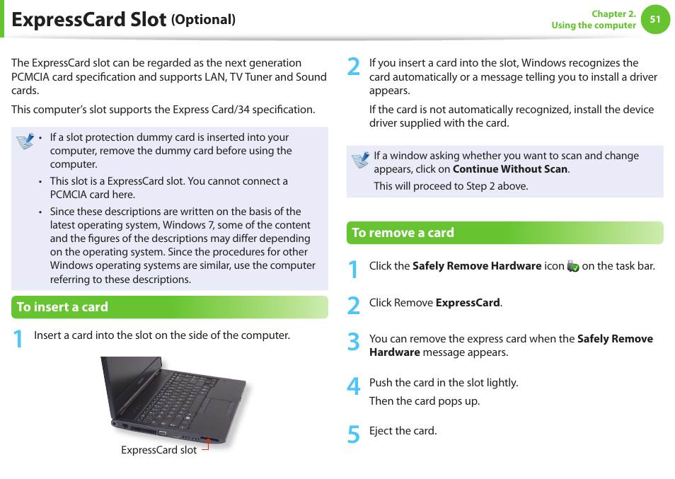 Expresscard slot (optional), Expresscard slot | Samsung NP600B4C-A01US User Manual | Page 52 / 143