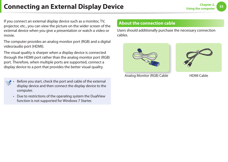 Connecting an external display device | Samsung NP600B4C-A01US User Manual | Page 56 / 143