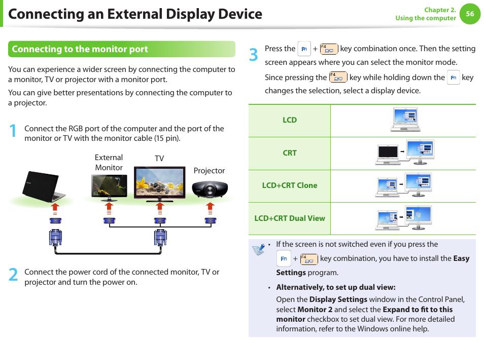Connecting an external display device | Samsung NP600B4C-A01US User Manual | Page 57 / 143