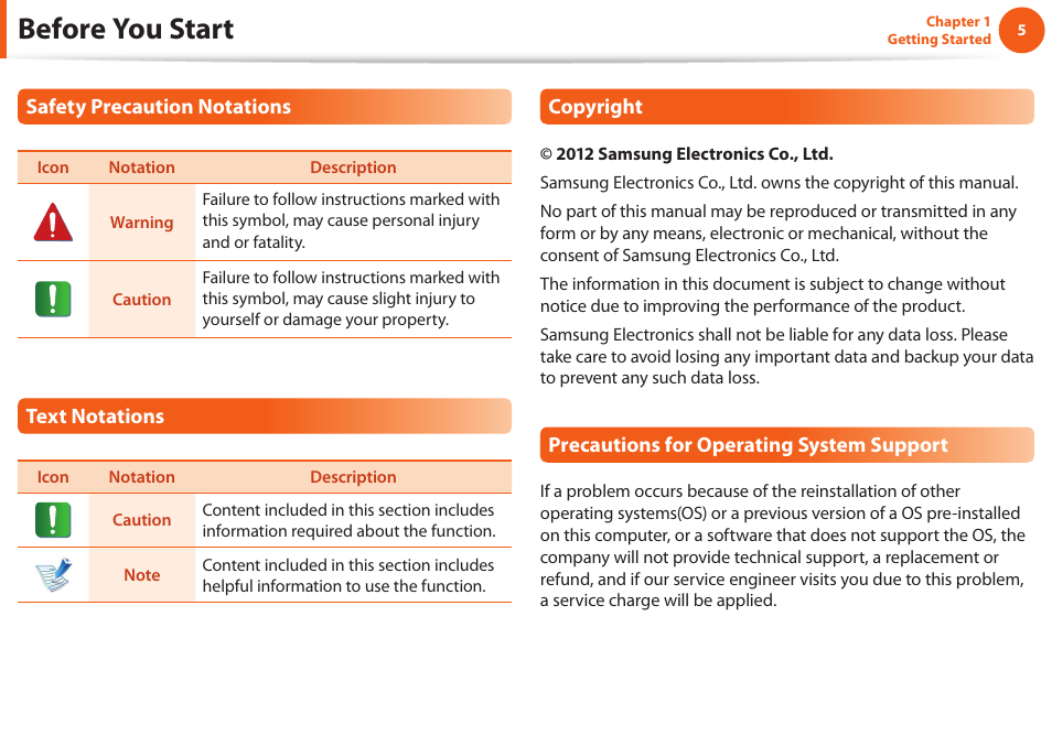 Before you start | Samsung NP600B4C-A01US User Manual | Page 6 / 143