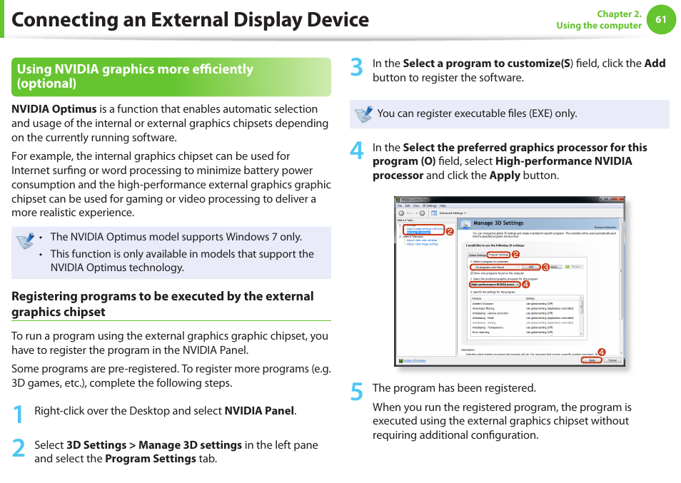 Connecting an external display device | Samsung NP600B4C-A01US User Manual | Page 62 / 143