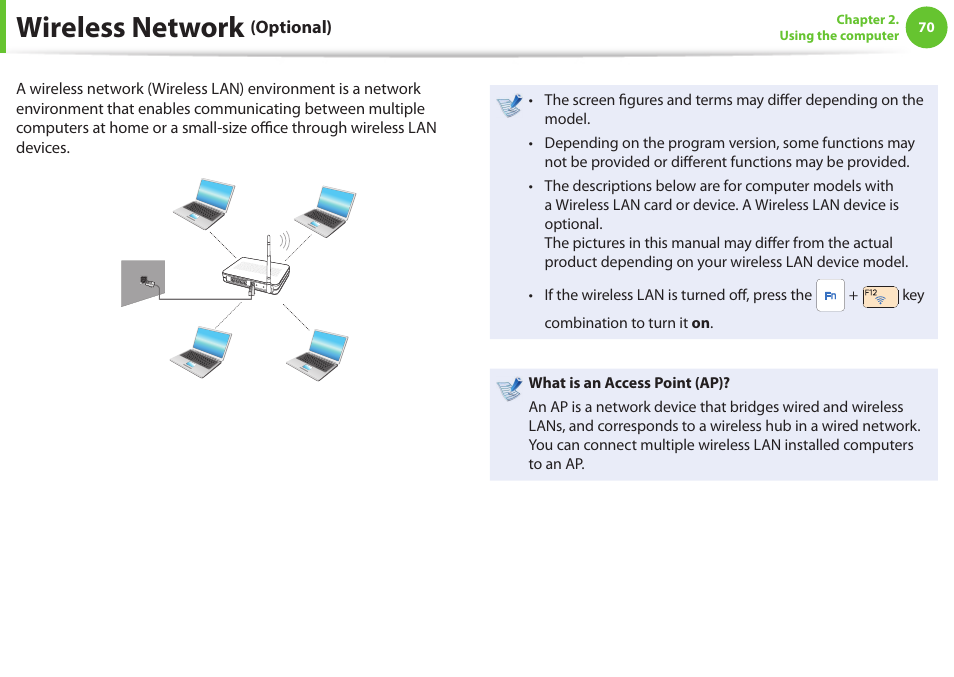 Wireless network (optional), Wireless network | Samsung NP600B4C-A01US User Manual | Page 71 / 143